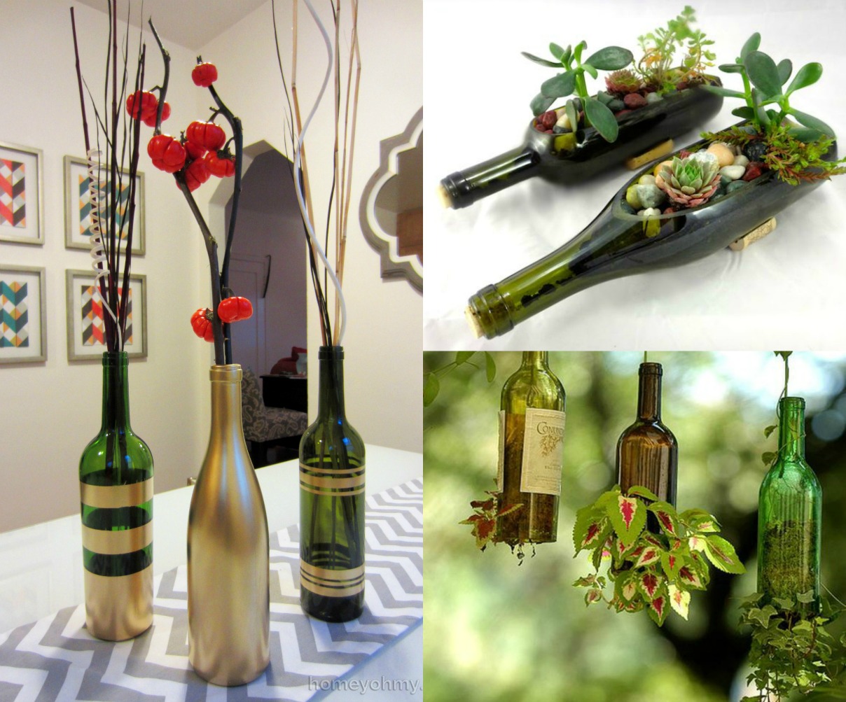 floreros con botellas de vino
